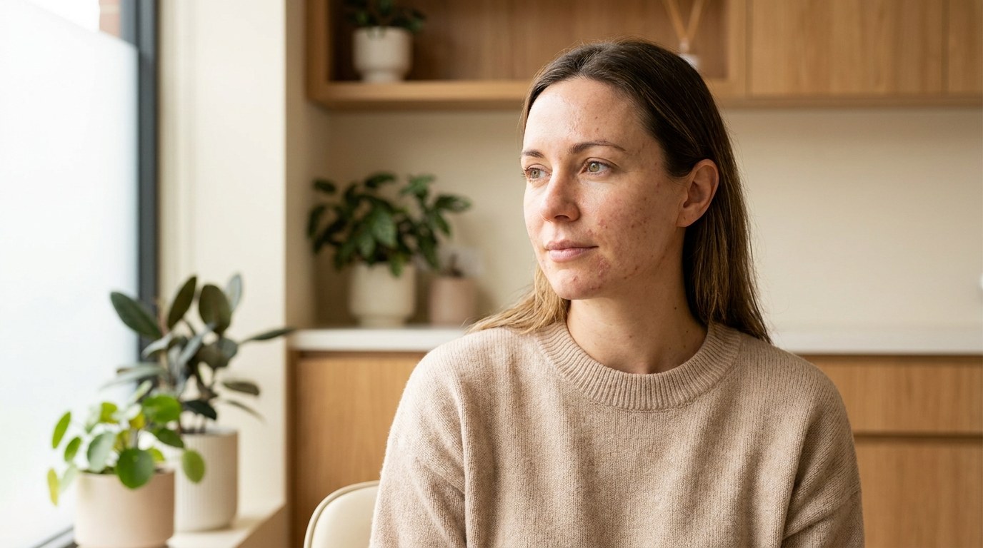 Mulher adulta com pele acneica e expressao serena junto a uma janela — avaliacao e tratamento de acne no Instituto Medico e Dentario Dra. Sara Martins