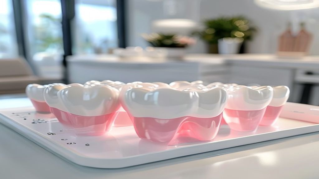 Coroas dentárias cerâmicas e escala de cor em consulta de medicina dentária — Instituto Médico e Dentário, Paços de Ferreira