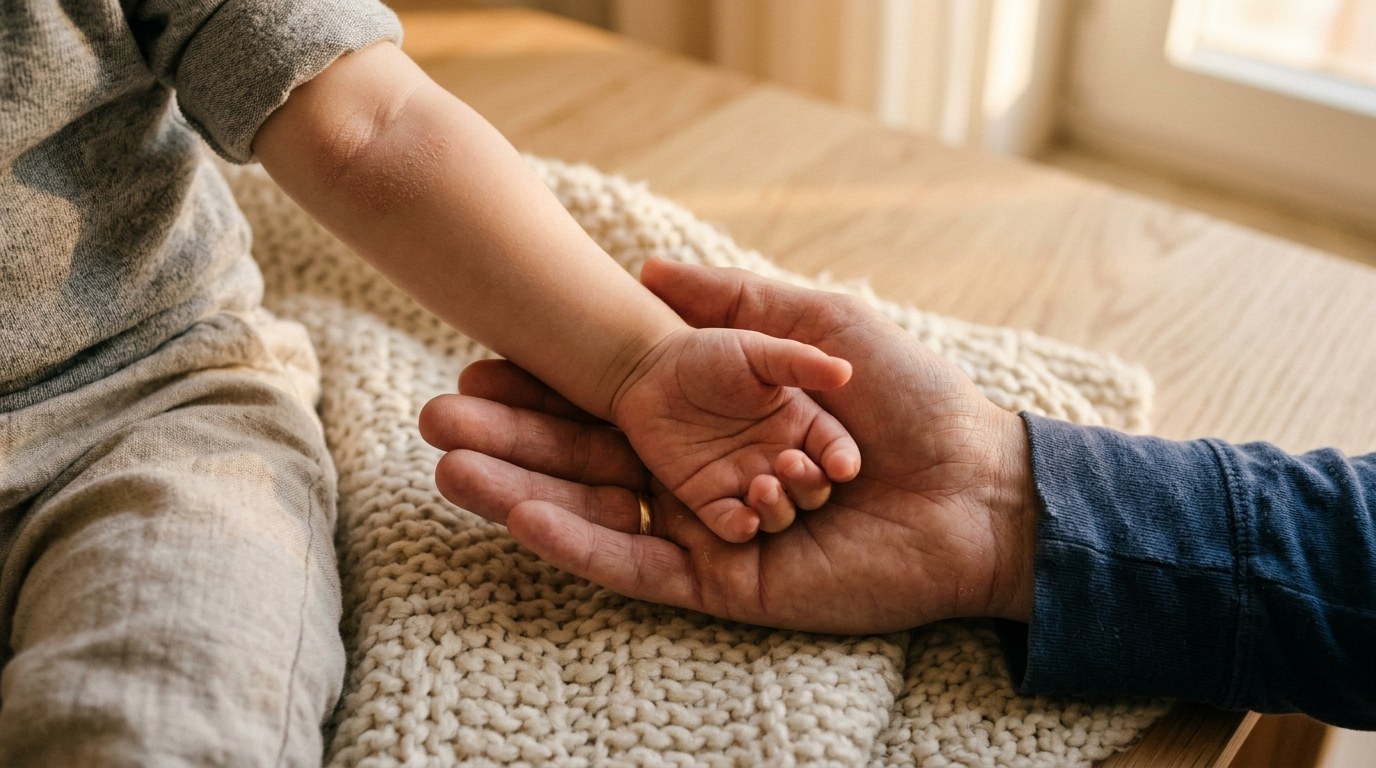 Mão de criança dentro de mão adulta sobre manta cream — dermatite atópica em crianças, cuidado parental