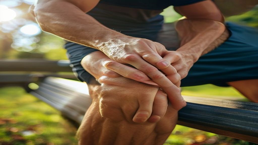 Mãos a segurar joelho com dor após corrida — Instituto Médico e Dentário, Paços de Ferreira