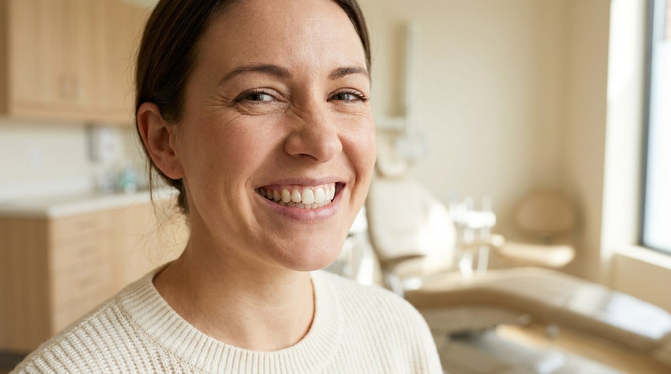 Mulher a sorrir com dentes naturais e harmoniosos em clinica dentaria — facetas dentarias no Instituto Medico e Dentario Dra. Sara Martins