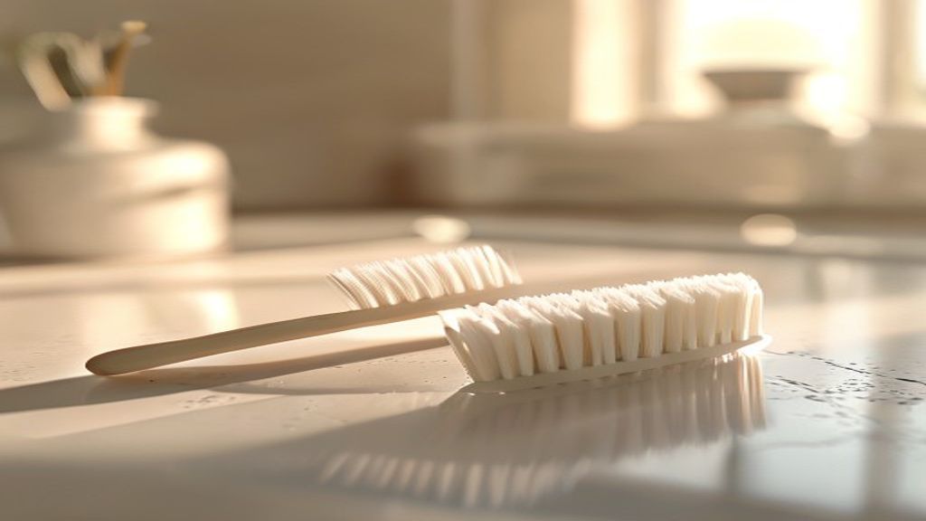 Escova de dentes macia e fio dentário sobre lavatório — higiene oral diária para prevenção de gengivite