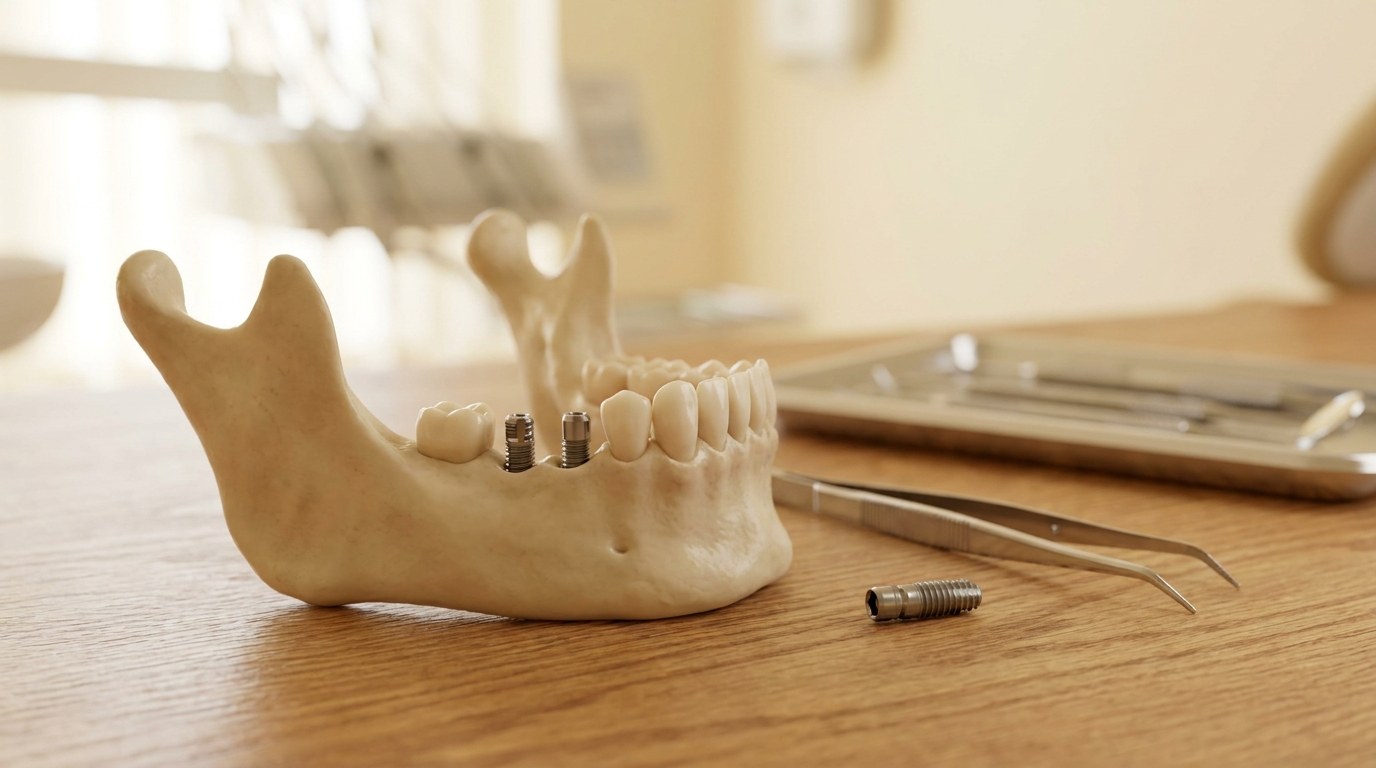 Modelo anatomico de maxilar com implantes dentarios inseridos no osso e pinca clinica — enxerto osseo e implantes no Instituto Medico e Dentario Dra. Sara Martins
