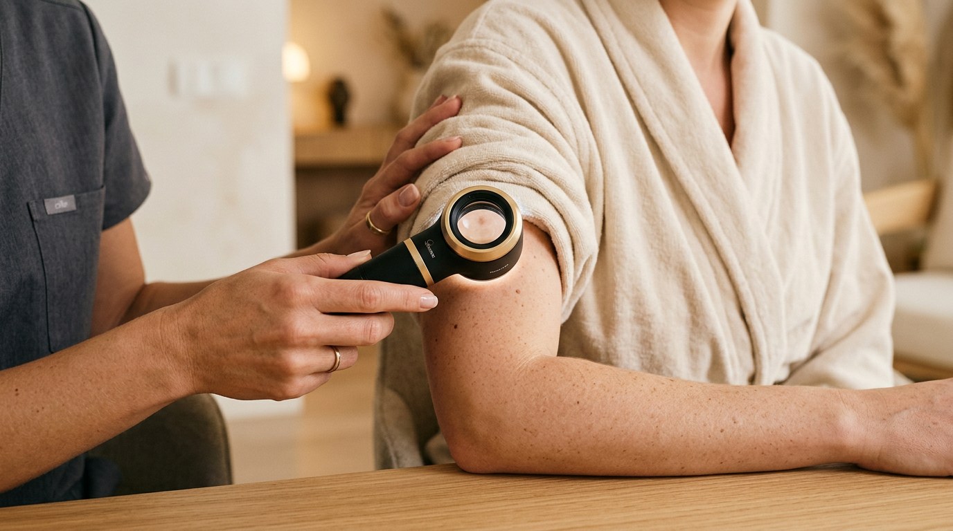 Dermatologista examina pele do ombro de paciente com dermatoscópio dourado — avaliação de manchas