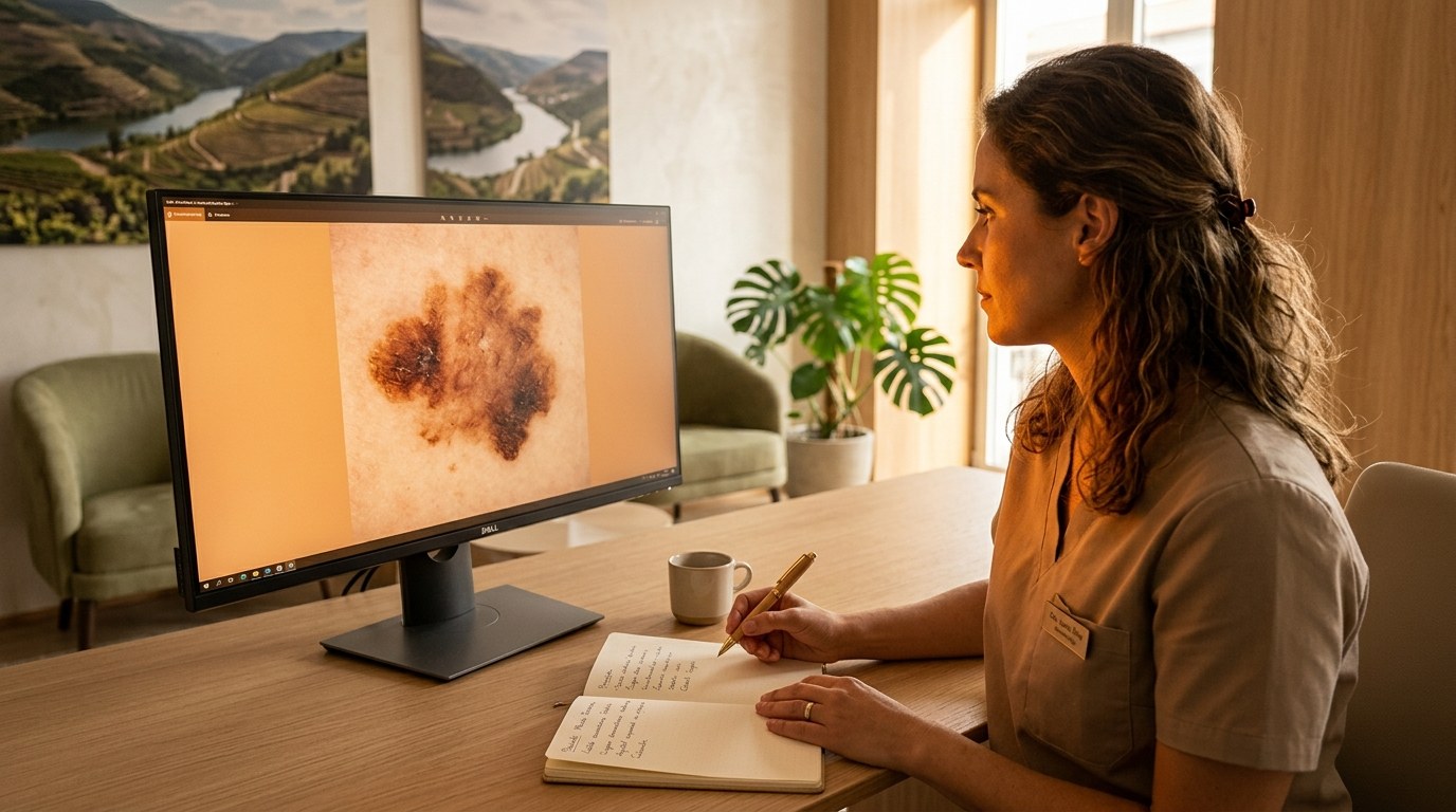 Dermatologista analisa imagem dermoscópica de sinal pigmentado em monitor — rastreio melanoma