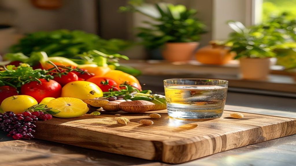 Frutas, vegetais e frutos secos numa tábua de cozinha — nutrição equilibrada para saúde oral, Instituto Médico e Dentário Paços de Ferreira