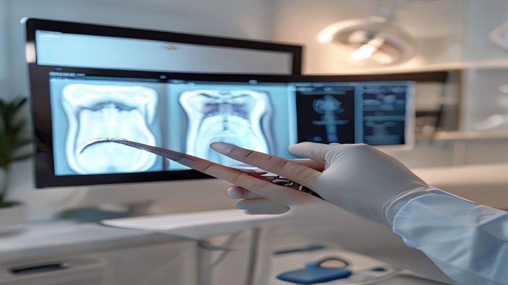 Cirurgião dentista a analisar radiografia panorâmica para planeamento de implantes em paciente com pouco osso