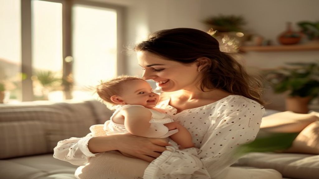 Mãe com bebé risonho num ambiente familiar — primeiros 1000 dias e desenvolvimento infantil, Instituto Médico e Dentário, Paços de Ferreira