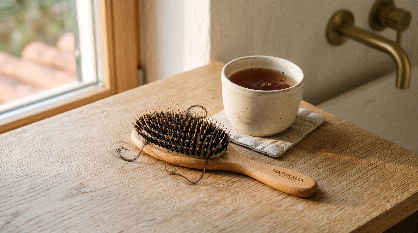 Escova com cabelo solto numa mesa de carvalho com chá — queda de cabelo, avaliação dermatológica