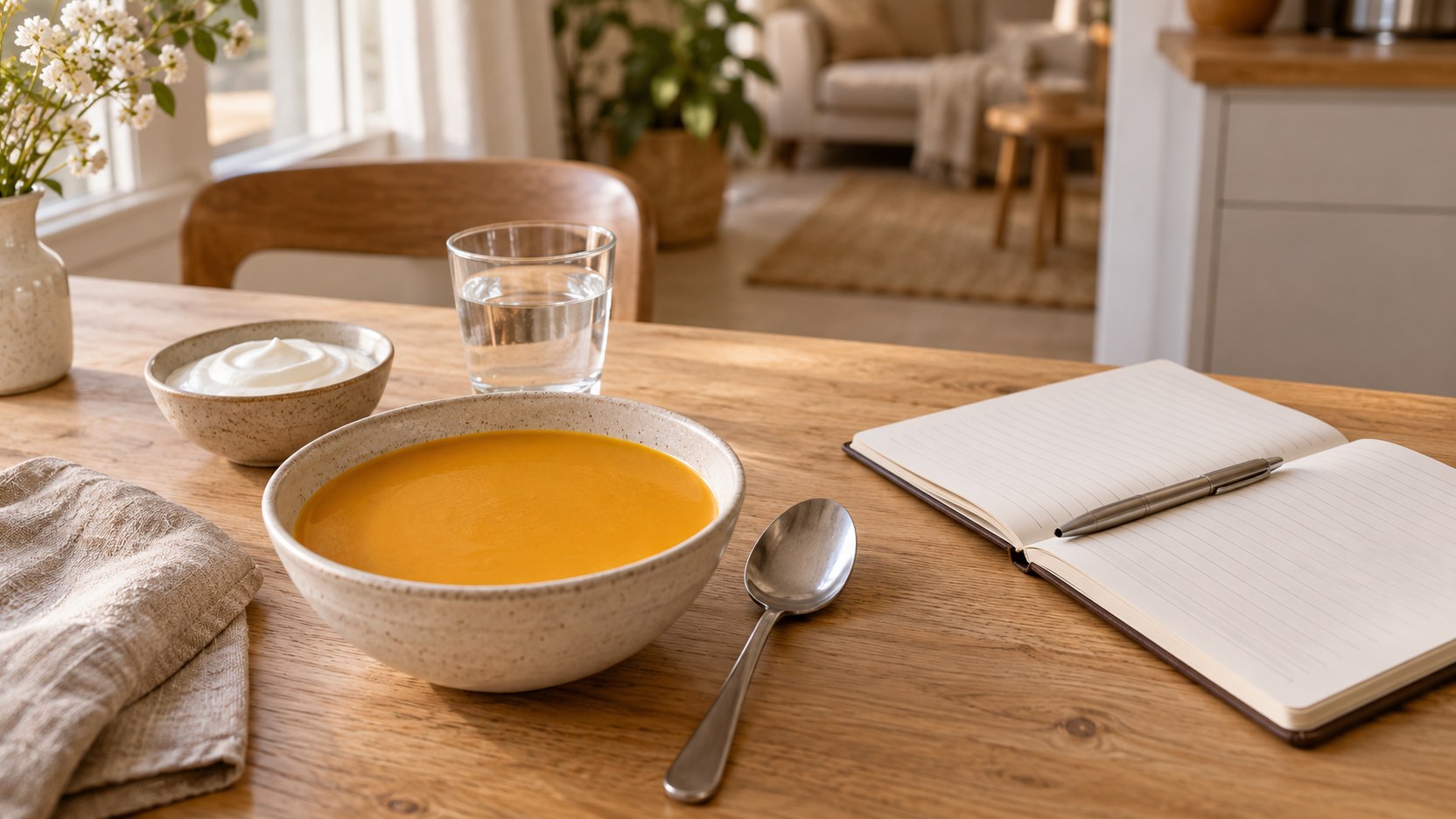 Taça de creme de abóbora, iogurte, copo de água e uma agenda semanal aberta numa mesa de madeira