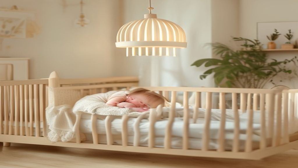 Bebé a dormir tranquilamente em berço com mobile suave — sono infantil saudável, Instituto Médico e Dentário, Paços de Ferreira