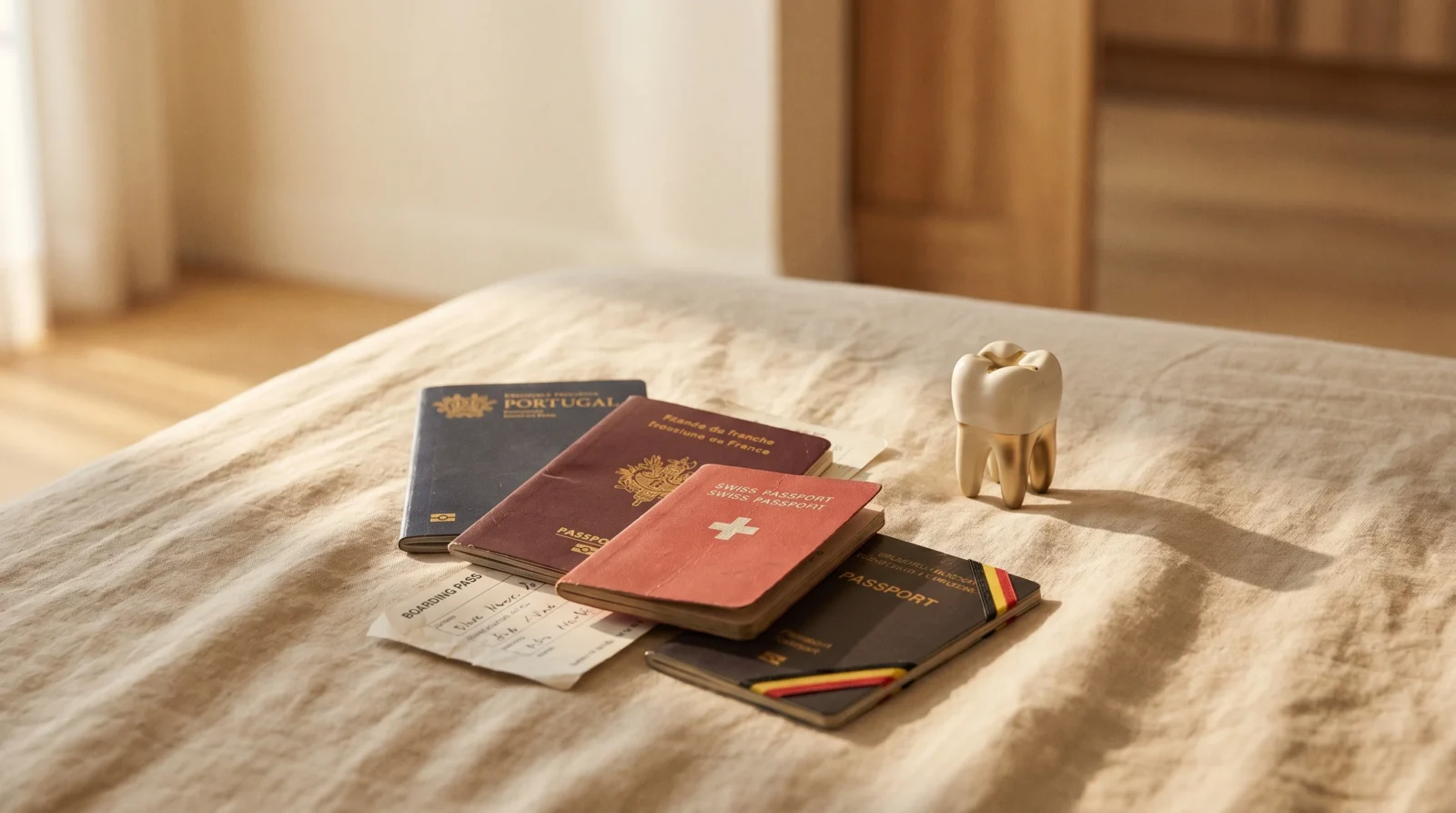 Passaportes e um pequeno modelo de dente sobre um tecido de linho: cuidados dentários em Portugal para emigrantes