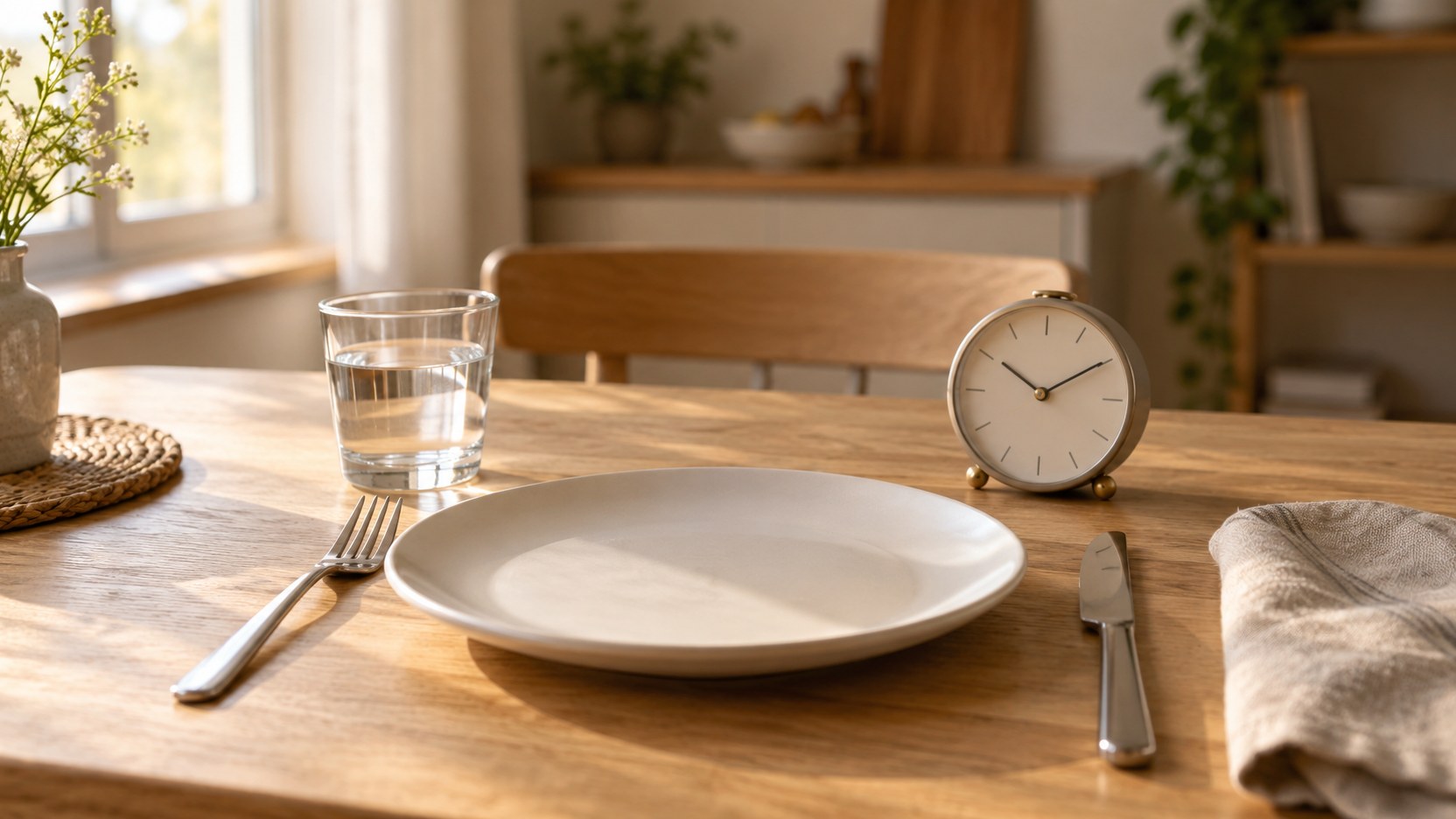 Prato vazio com talheres, copo de água e um relógio de mesa numa mesa de cozinha de madeira