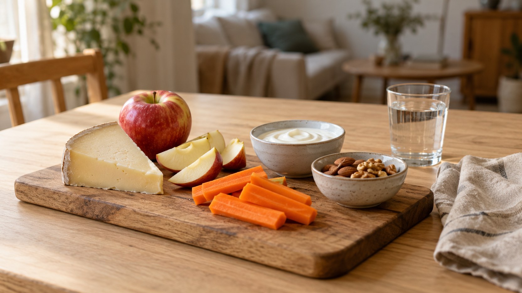 Queijo, maçã, cenoura crua, iogurte natural, frutos secos e um copo de água numa mesa de madeira