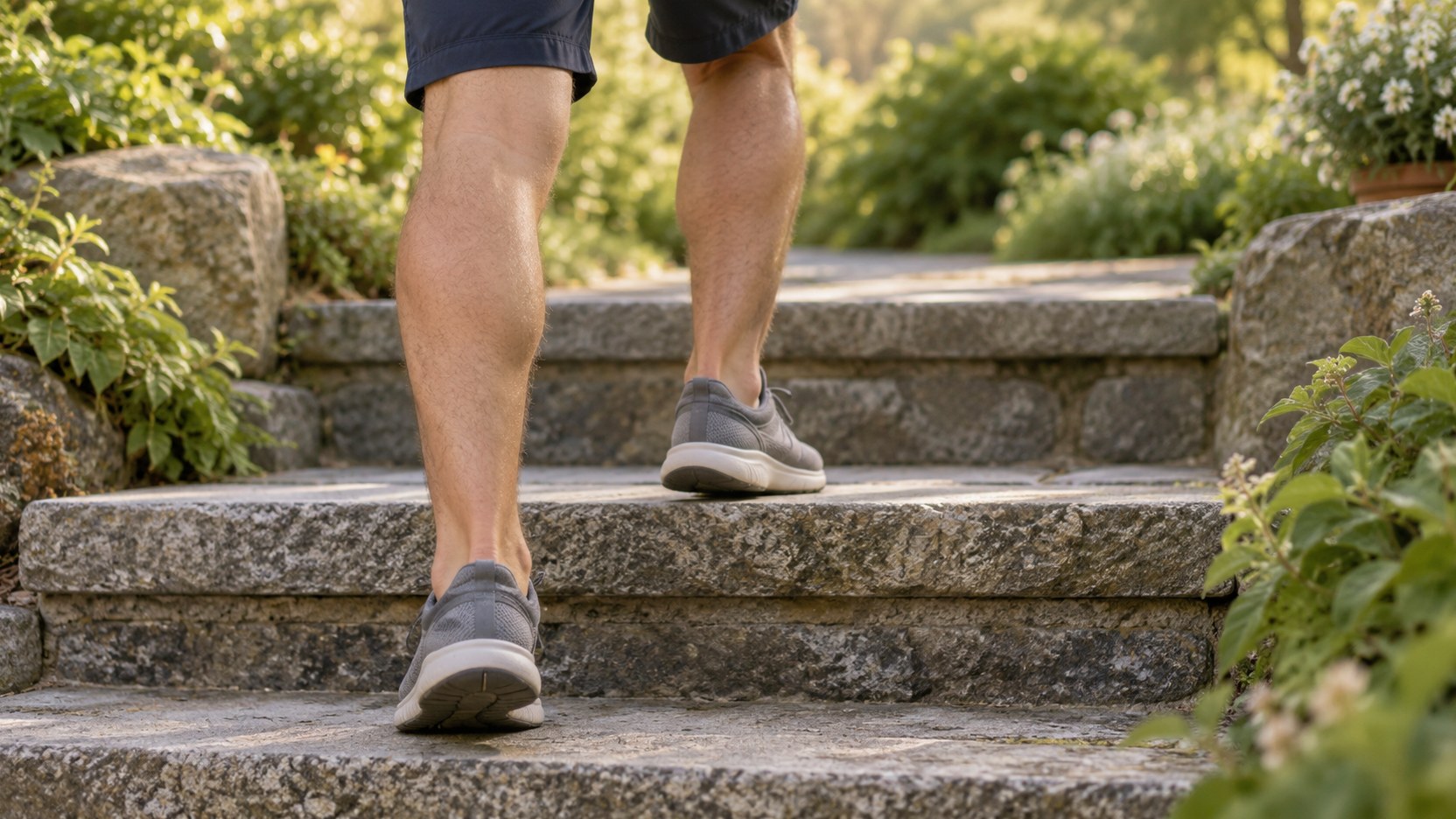 Pernas de um homem a subir degraus de pedra num jardim, vistas de trás