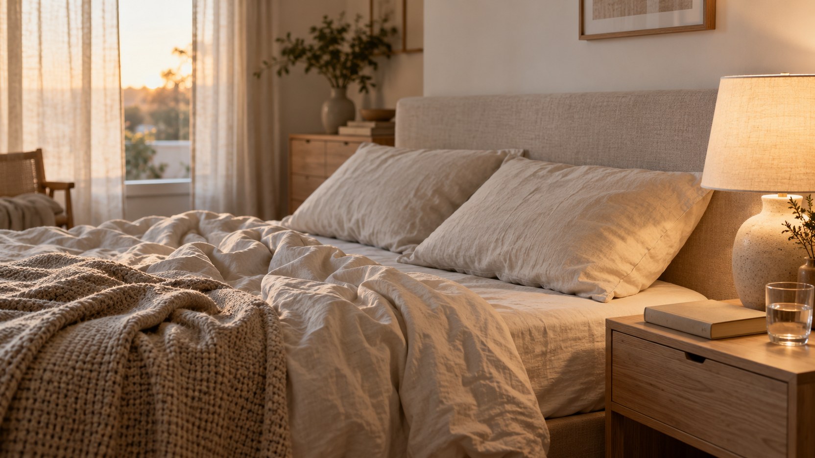 Cama desfeita com lençóis de linho ao amanhecer, com o candeeiro da mesa de cabeceira aceso