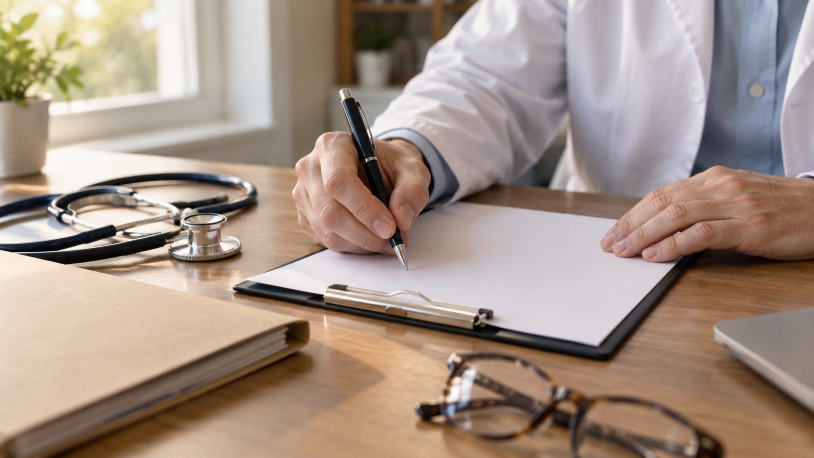 Médico a preencher o relatório médico que instrui o pedido de atestado de incapacidade multiuso