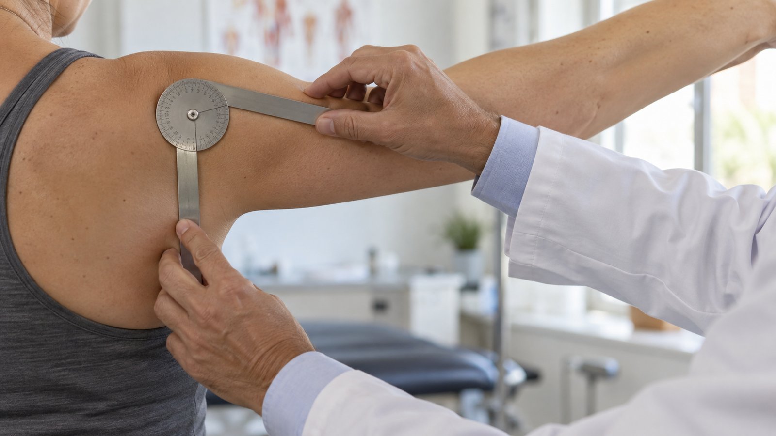 Médica a medir a amplitude articular do ombro com goniómetro numa consulta de avaliação de dano corporal